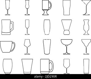 Icona linea di vetro impostata. Tipo di bicchieri da bibita: Tazza per birra, whiskey shot, wineglass, teiera Illustrazione Vettoriale