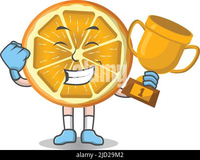 Set di carino cartoon arancione frutta tenere trofeo, personaggio disegno Vector Illustrazione isolato. Illustrazione Vettoriale