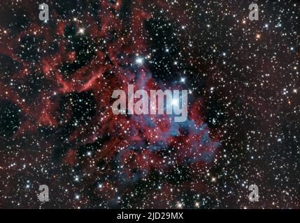 La stella fiammeggiante Nebula (IC 405) nella costellazione Auriga che circonda la stella bluastra AE Aurigae. Foto Stock
