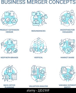 Business fusione e consolidamento turchese concetto icone set Illustrazione Vettoriale