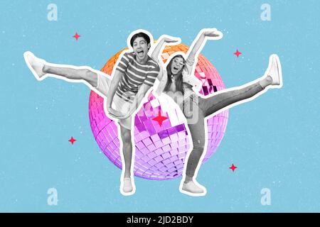 Collage creativo del manifesto della signora attiva tipo danza energico partito isolato blu colore glitter disco sfondo palla Foto Stock