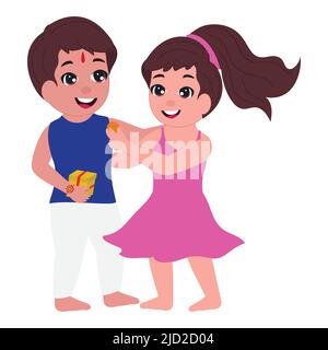 Carino sorella e fratello festeggia il Festival di Raksha Bandhan su sfondo bianco. Illustrazione Vettoriale