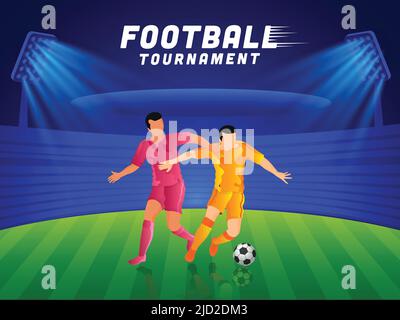 Concetto di torneo di calcio con giocatori di calcio senza volto delle squadre partecipanti su sfondo Blue e Green Stadium. Illustrazione Vettoriale