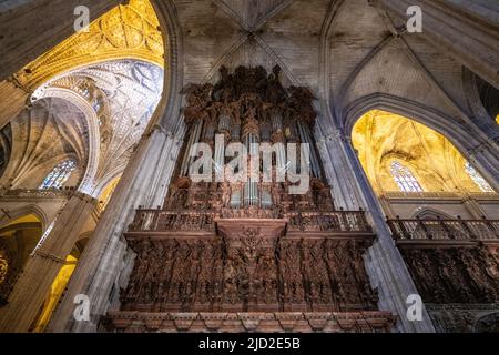 L'organo splendidamente artigianale nella Cattedrale di Siviglia, Siviglia, Spagna Foto Stock