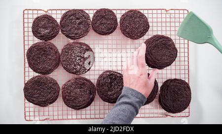 Passo dopo passo. Disposizione piatta. Biscotti al cioccolato appena sfornati su una rastrelliera metallica. Foto Stock