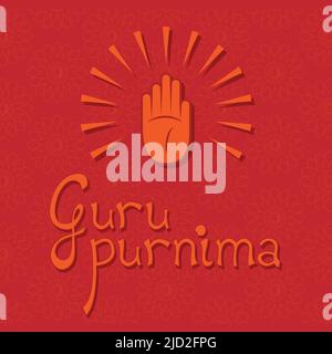 Guru Purnima Calligraphy orizzontale. Hindu banner festival spirituale Vector Illustration. Sfondo rosso-arancione. Disegno grafico a mano blessing Illustrazione Vettoriale