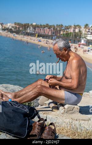 Barceloneta spiaggia nella città di Barcellona, Spagna. Foto Stock