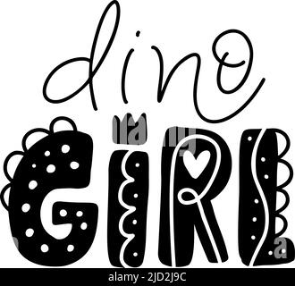 Dino Girl scandinavo divertente scarabocchio disegnato a mano, cartoon dinosauro testo. Ideale per poster o magliette in tessuto. Vettore disegnato a mano bambino Illustrazione Vettoriale