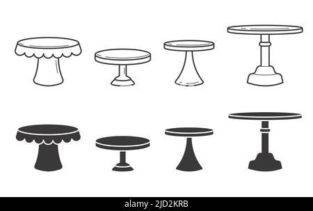 Set di supporti per torta in stile icona piatta. Vassoi vuoti per frutta e dessert. Silhouette vettoriale e illustrazione del contorno. Illustrazione Vettoriale