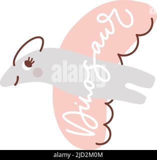 Carino dinosauro piccolo con ali, volare divertente bambino con testo Dinosaur Fairy racconto personaggio Cartoon stile Vector illustrazione scandinava Illustrazione Vettoriale