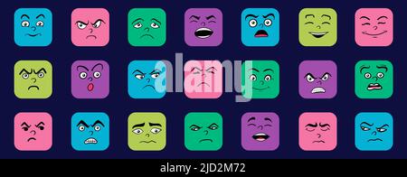 Cartoon volti simpatici e divertenti con emozioni positive e negative. Personaggi fumettizzati con occhi e bocca. Set di espressioni facciali disegnate a mano. Illustrazione Vettoriale