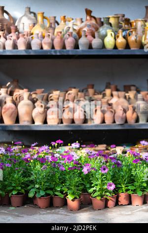 Lotto di vasi e vasi in ceramica artigianale con fiori di piante in fiore all'interno, fuoco selettivo Foto Stock