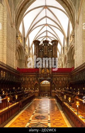 Gloucester Cathedral, Gloucestershire, Inghilterra, Regno Unito: Verso ovest verso il coro, con l'organo sopra. Foto Stock