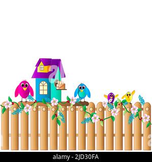 Divertente famiglia di uccelli che si spostano nella loro nuova casa di uccelli. Sfondo colorato. Foto Stock