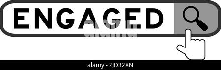 Banner di ricerca in parola impegnato con l'icona della lente di ingrandimento mano su sfondo bianco Illustrazione Vettoriale