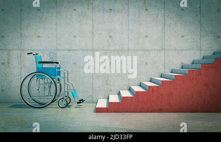 sedia a rotelle per disabili di fronte a una lunga rampa di scale rosse. 3d rendering Foto Stock