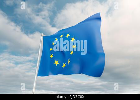 Bandiera dell'Unione europea contro il cielo blu. 3D immagine generata digitalmente della bandiera UE sul flagpole nel vento Foto Stock