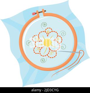 Icona cartoon ricamo. Fiore su cerchio da cucire. Simbolo hobby isolato su sfondo bianco Illustrazione Vettoriale