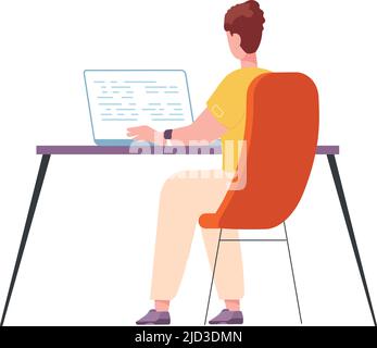 Donna che lavora al computer. Posto di lavoro programmatore femminile isolato su sfondo bianco Illustrazione Vettoriale