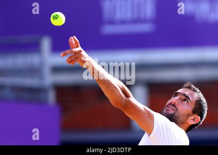 Londra, Regno Unito. 17th giugno 2022. 17th giugno 2022; Queens Club, West Kensington, Londra, Inghilterra; Cinch Queens Club ATP Tour 500 series Torneo di tennis sul prato; Marin Cillic serve a Emil Ruusuvuori nelle finali del quartiere Mens Credit: Action Plus Sports Images/Alamy Live News Foto Stock