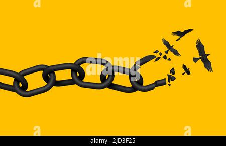Una catena che si rompe e si trasforma in colombe della pace. Concetto di libertà. 3D rendering Foto Stock