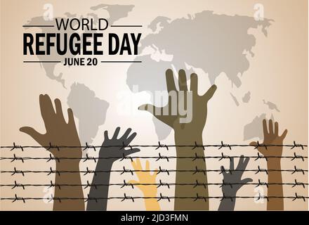 World Refugee Day concetto umano di giorno giusto: Silhouette le mani dei rifugiati che si alzano con la mappa del mondo e filo spinato sullo sfondo Illustrazione Vettoriale