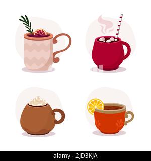 Set di calici cartoni animati piatti con bevanda. Tazza da tè con pezzo di limone. Tazza di VIN brulé invernale. Cioccolata calda. Caffè con panna Illustrazione Vettoriale