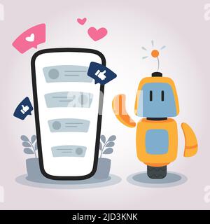 Illustrazione del telefono concettuale con assistente robot e chat. Conversazione sui social media, articoli digitali e pubblicità Illustrazione Vettoriale