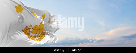 Bandiera ufficiale del Capo di Stato maggiore della Ground Self Defense Force Giappone a cielo nuvoloso sfondo al tramonto, vista panoramica. Viaggi giapponesi e patriota con Foto Stock