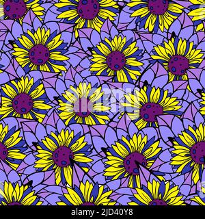 Motivo floreale senza cuciture di girasoli giallo-blu, motivo ricorrente luminoso, tema ucraino, texture Illustrazione Vettoriale