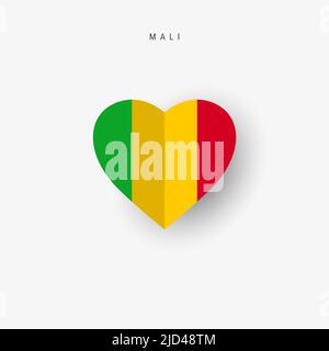 Bandiera a forma di cuore Mali. Carta Origami taglio bandiera nazionale Malian. 3D illustrazione vettoriale isolata su bianco con ombra morbida. Illustrazione Vettoriale