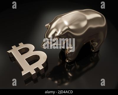 3d resa del simbolo del bitcoin e dell'orso al buio. Bitcoin criptovaluta concetto di mercato bearish. Foto Stock