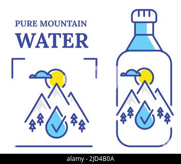 Illustrazione vettoriale del simbolo dell'acqua di montagna pura. Modello etichetta bottiglia d'acqua con montagne e gocce d'acqua. Illustrazione Vettoriale