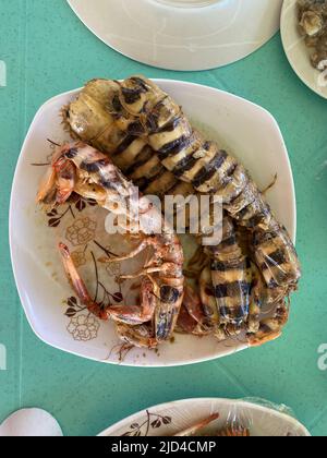 Foto di un gambero mantis, locusta di mare, killer di gamberi o splitter per pollice, un crostacei marini carnivori dell'ordine Stomatopoda servito su un piatto a Phi Foto Stock