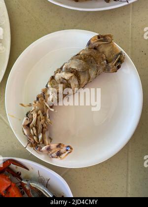 Foto di un gambero mantis, locusta di mare, killer di gamberi o splitter per pollice, un crostacei marini carnivori dell'ordine Stomatopoda servito su un piatto a Phi Foto Stock