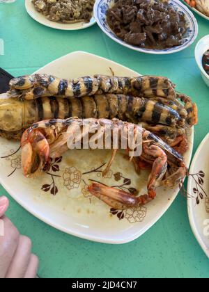 Foto di un gambero mantis, locusta di mare, killer di gamberi o splitter per pollice, un crostacei marini carnivori dell'ordine Stomatopoda servito su un piatto a Phi Foto Stock