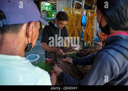 Zamboanguita, Filippine - Giugno 2022: Un uomo che vende tabacco nel mercato di Malatapay il 15 giugno 2022 a Zamboanguita, Negros Oriental, Filippine. Foto Stock