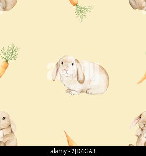 Simpatico coniglietto con carota senza cuciture. Illustrazione di animali di acquerello disegnati a mano per tessuto, carta di avvolgimento di conigli su sfondo giallo Foto Stock