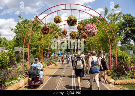 Philadelphia, Stati Uniti. 17th giugno 2022. (220618) -- NEW YORK, 18 giugno 2022 (Xinhua) -- la gente visita il Philadelphia Flower Show a Philadelphia, gli Stati Uniti, 17 giugno 2022. Un evento della Giornata della Cina si è tenuto venerdì a Philadelphia, la più grande città dello stato della Pennsylvania degli Stati Uniti, stupendo il pubblico con una serie di attività culturali cinesi. Caratterizzato da strumenti tradizionali cinesi, uno spettacolo di danza del leone, opera di Pechino, una cerimonia del tè cinese, uno spettacolo di kung-fu e video promozionali delle città della Cina orientale di Hangzhou e Yangzhou, l'evento fa parte del fiorente di Filadelfia in corso Foto Stock