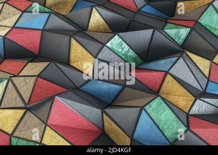 Concetto di arte contemporanea con 3D mosaici costituiti da molti triangoli multicolore come sfondo astratto. 3D rendering Foto Stock