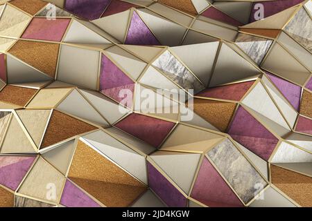 Arte moderna con carta da parati astratta: Triangoli in metallo marrone, rosa e oro ondulati. 3D rendering Foto Stock