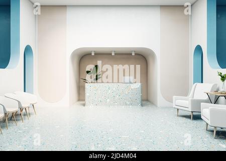 Luminosa sala d'attesa bianca e blu, tavolo da ricevimento, poltrone bianche e pavimento in cemento multicolore. 3D rendering, vista frontale, mockup Foto Stock