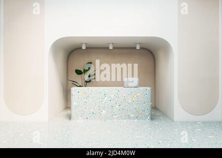 Tavolo da ricevimento multicolore con computer portatile in una nicchia decorata di un moderno edificio d'interni di design. 3D rendering, vista frontale, mockup Foto Stock