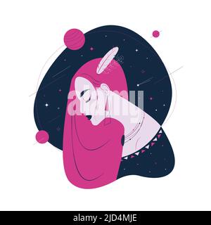 Bella donna con capelli rosa in abiti etnici sullo sfondo del cielo stellato vettore illustrazione. Ragazza alla moda con piume nel suo piatto di capelli Illustrazione Vettoriale