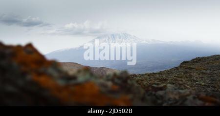 Montagna innevata picco ararat con nuvola passa dal lato della Turchia in tarda primavera. Ai piedi del mt Ararat Foto Stock