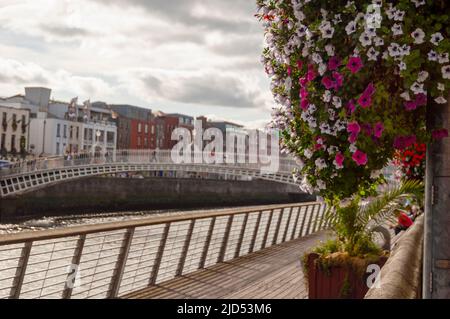 Ponte pedonale ha'penny sul fiume Liffey a Dublino, Irlanda. Foto Stock