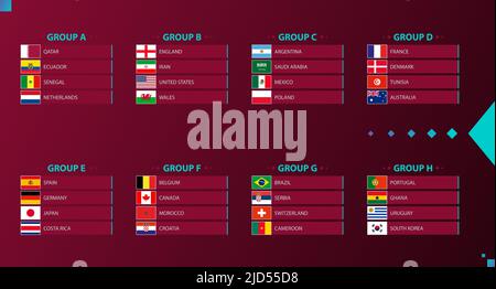 Bandiere del torneo di calcio 2022 ordinate per gruppo su sfondo borgogna. Raccolta di bandiere. Illustrazione Vettoriale