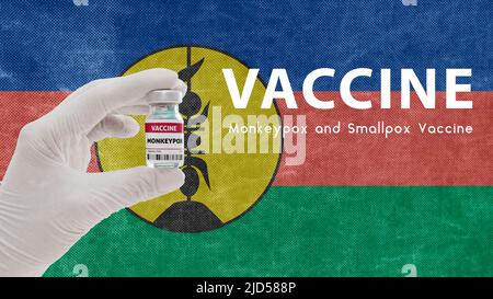 Vaccino Monkeypox e Smallpox, virus della pandemia del scimmipox, vaccinazione in Nuova Caledonia per Monkeypox l'immagine ha rumore, granularità e compressione arti Foto Stock