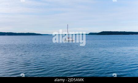 Lone barca a vela sul Puget Sound a Nisqually raggiungere nello stato di Washington Foto Stock