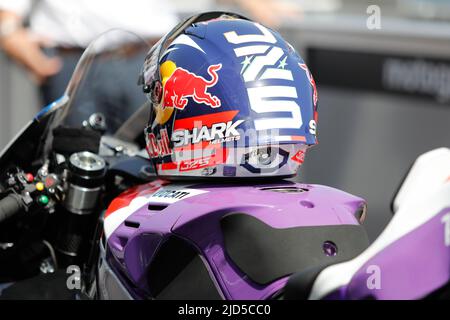 Hohenstein Ernsthal, Germania. Giugno 18th 2022. MotoGP Liqui Moly Motorrad Grand Prix Deutschland al circuito di Sachsenring, Hohenstein-Ernsthal, Germania. Nella foto: Casco di Johann Zarco (fra) di prima Pramac Foto Stock